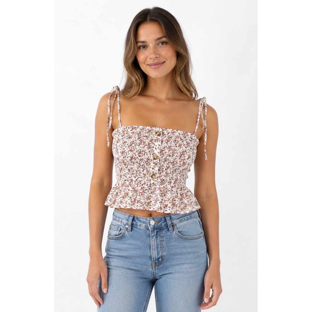 NWOT Paper Crane Floral Smocked Peplum Corset Tie Strap Crop Top Women M